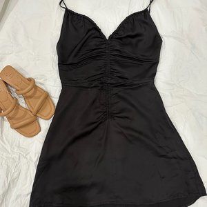 ASTR THE LABEL Black Peony Satin Ruched Mini Dress